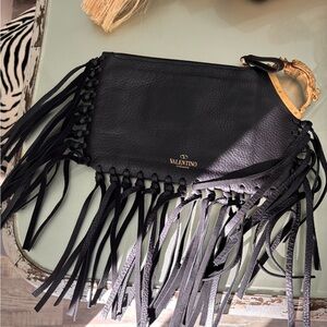 Authentic Valentino Garavani Black Fringe Leather clutch